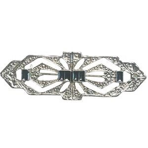 Vintage Art Deco Silver-tone Brooch Pin Collar w/Black Enamel Detail -Beautiful!
